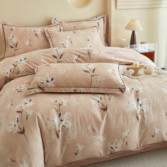 91家纺网 家纺一手货源 找家纺 沐白家居 2025新款全棉生态磨毛四件套锦瑟-豆沙