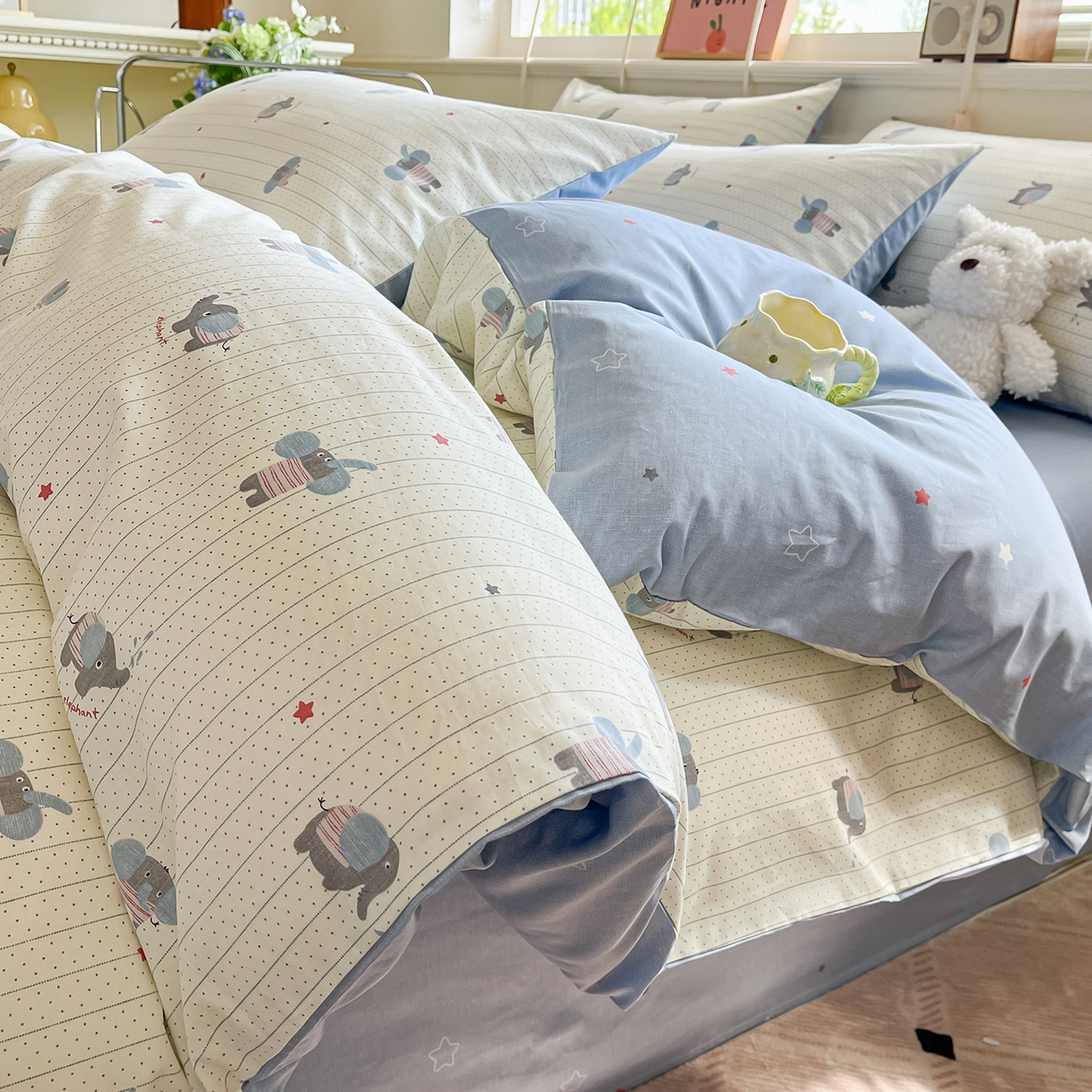 91家纺网 家纺一手货源 找家纺 麦伦家居 2025春夏新款全棉纯棉斜纹40s13372系列-小清新卡通 跳跳象