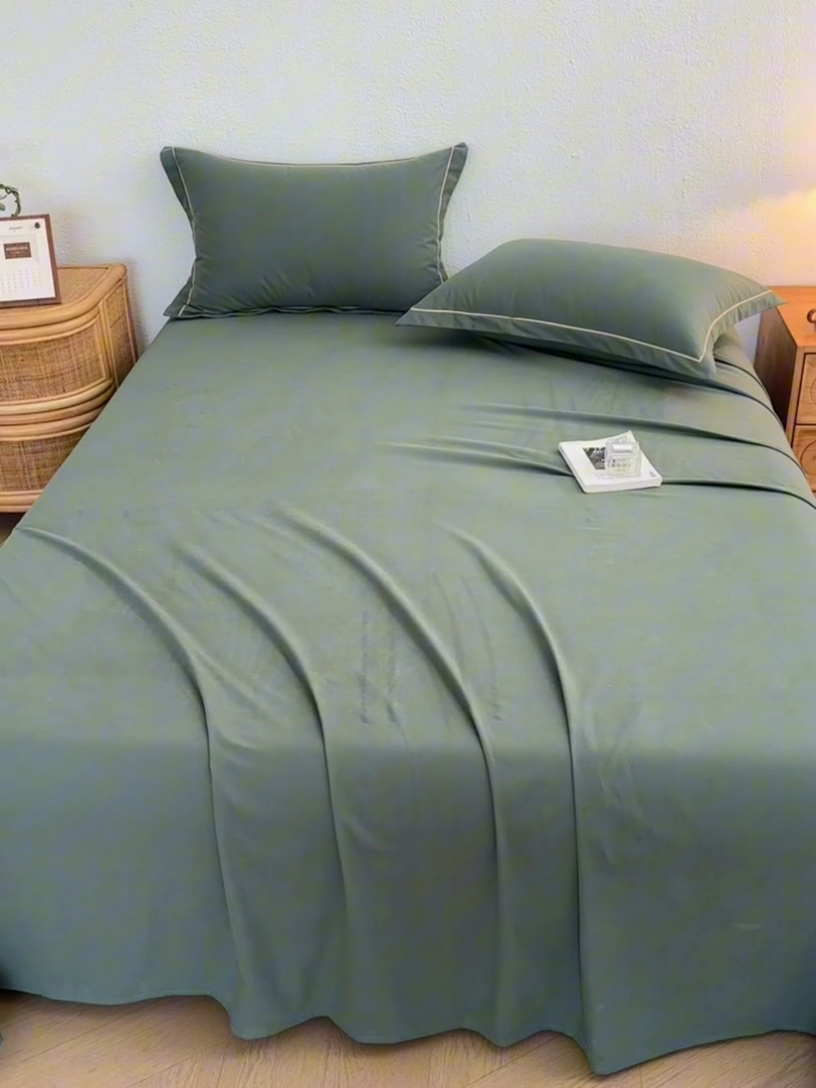 91家纺网 家纺一手货源 找家纺 2025新款A类100%全棉纯色加厚磨毛枕套+床单单件/简约组合 磨毛-军绿色
