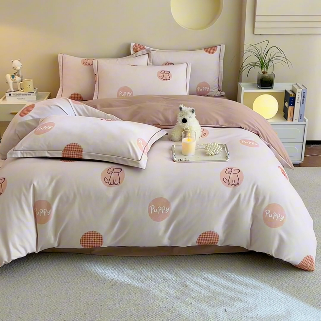 91家纺网 家纺一手货源 找家纺 沐白家居 2025新款全棉生态磨毛四件套小狗puppy