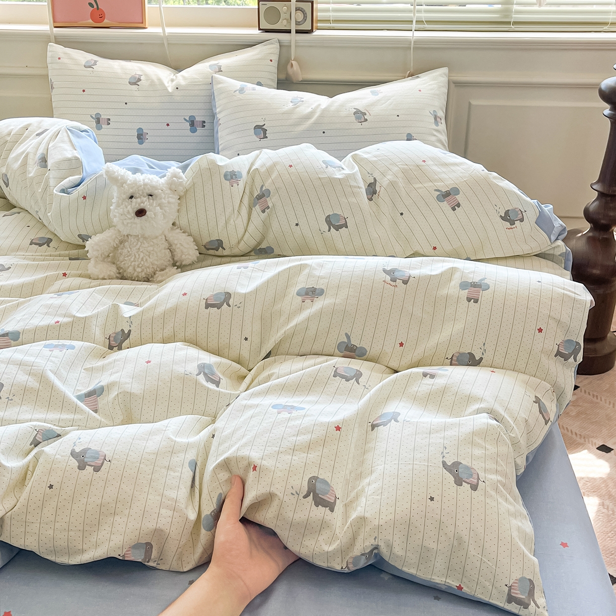 91家纺网 家纺一手货源 找家纺 麦伦家居 2025春夏新款全棉纯棉斜纹40s13372系列-小清新卡通 跳跳象