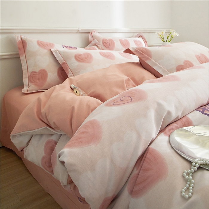 91家纺网 家纺一手货源 找家纺 沐白家居 2025新款全棉生态磨毛四件套心心相印-粉