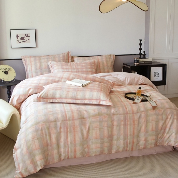 91家纺网 家纺一手货源 找家纺 沐白家居 2025新款全棉生态磨毛四件套彩虹格-粉