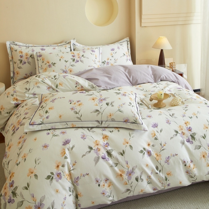 91家纺网 家纺一手货源 找家纺 沐白家居 2025新款全棉生态磨毛四件套花茉里-米白