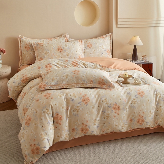 91家纺网 家纺一手货源 找家纺 沐白家居 2025新款全棉生态磨毛四件套嫣然-桔