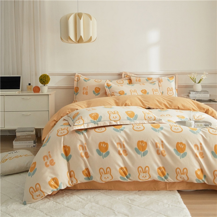 91家纺网 家纺一手货源 找家纺 沐白家居 2025新款全棉生态磨毛四件套童心郁兔-桔