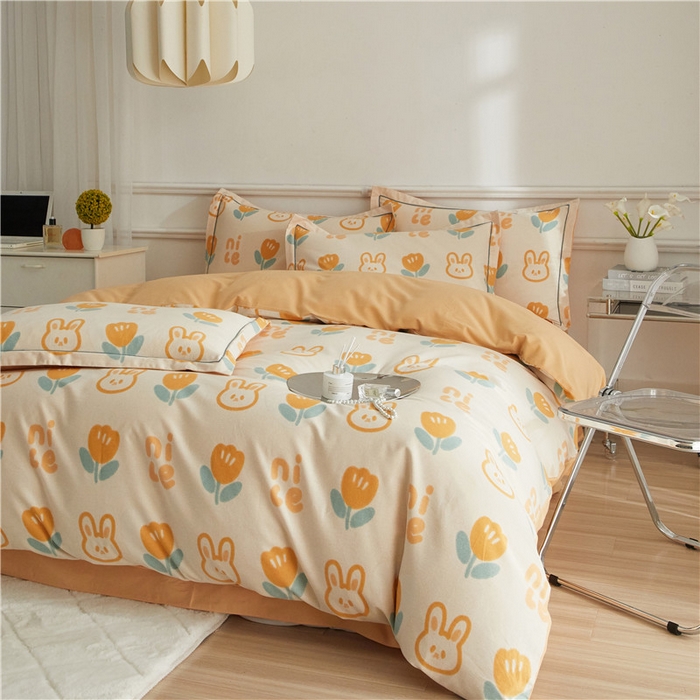 91家纺网 家纺一手货源 找家纺 沐白家居 2025新款全棉生态磨毛四件套童心郁兔-桔