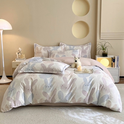 沐白家居 2025新款全棉生态磨毛四件套萌萌兔-粉