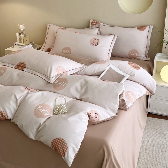 91家纺网 家纺一手货源 找家纺 沐白家居 2025新款全棉生态磨毛四件套小狗puppy