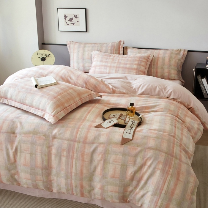 91家纺网 家纺一手货源 找家纺 沐白家居 2025新款全棉生态磨毛四件套彩虹格-粉