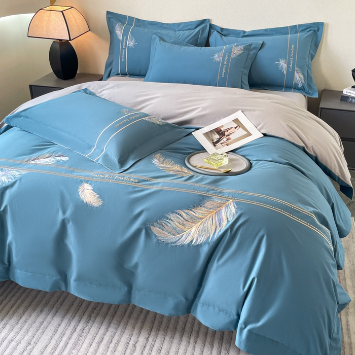 91家纺网 家纺一手货源 找家纺 桃园 2025新款纯棉全棉长绒棉磨毛四件套不掉毛-羽翼 （高端礼盒） 羽翼-宾利蓝