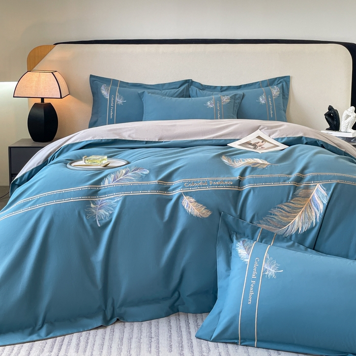 91家纺网 家纺一手货源 找家纺 桃园 2025新款纯棉全棉长绒棉磨毛四件套不掉毛-羽翼 （高端礼盒） 羽翼-宾利蓝