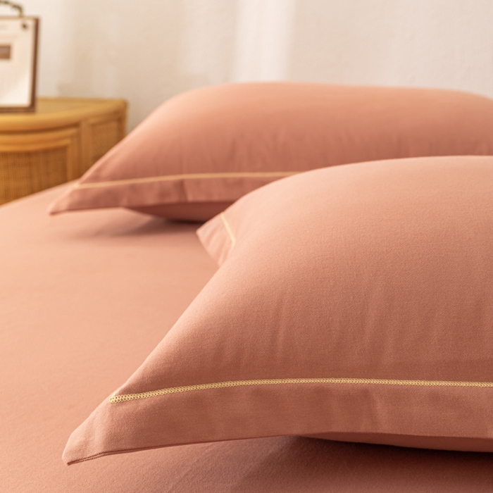 91家纺网 家纺一手货源 找家纺 2025新款A类100%全棉纯色加厚磨毛枕套+床单单件/简约组合 磨毛-枫糖橘