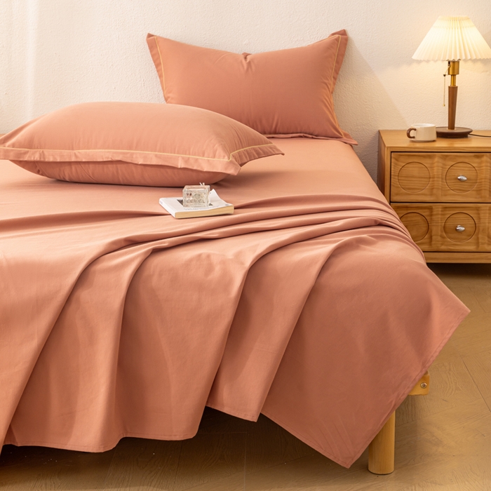 91家纺网 家纺一手货源 找家纺 2025新款A类100%全棉纯色加厚磨毛枕套+床单单件/简约组合 磨毛-枫糖橘