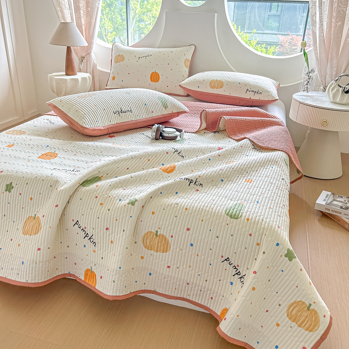 91家纺网 家纺一手货源 找家纺 橘夏家纺 2025新款全棉床盖三件套 南瓜派对