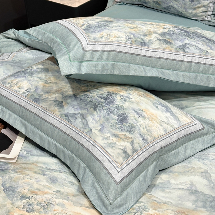 91家纺网 家纺一手货源 找家纺 喜四方 2025新款加厚全棉大版印花四件套 千里江山-蓝