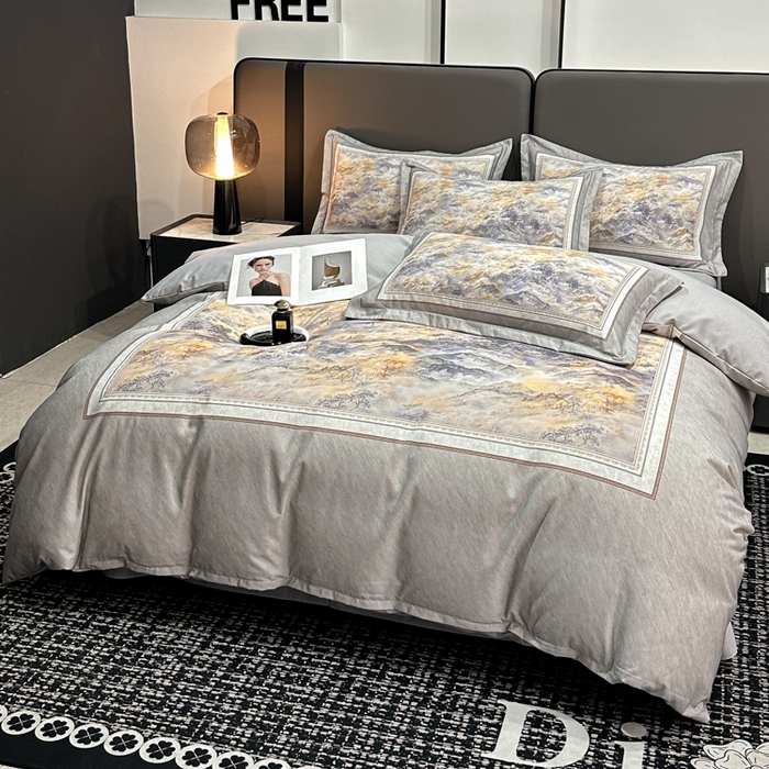 91家纺网 家纺一手货源 找家纺 喜四方 2025新款加厚全棉大版印花四件套 千里江山-灰