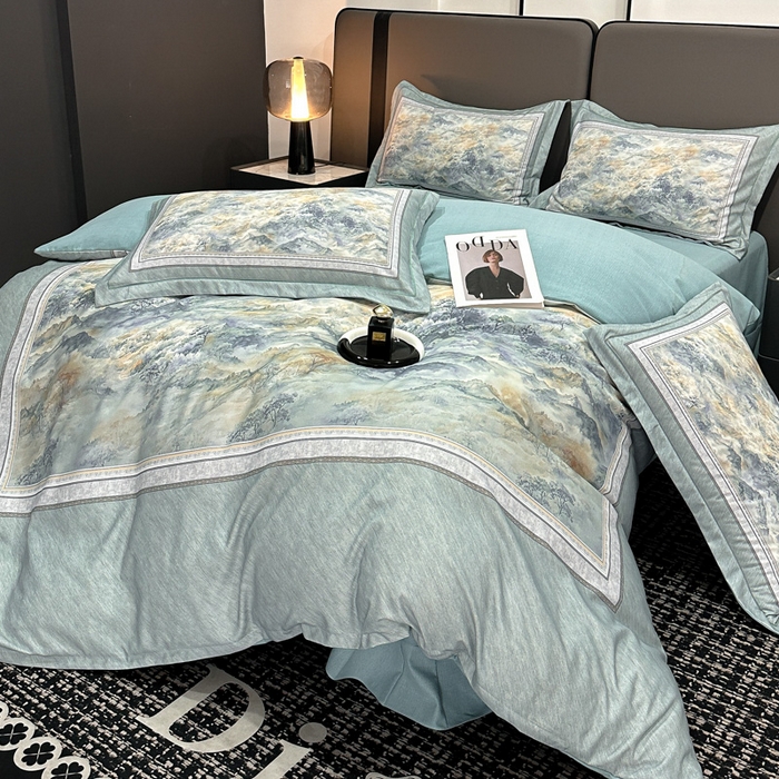 91家纺网 家纺一手货源 找家纺 喜四方 2025新款加厚全棉大版印花四件套 千里江山-蓝