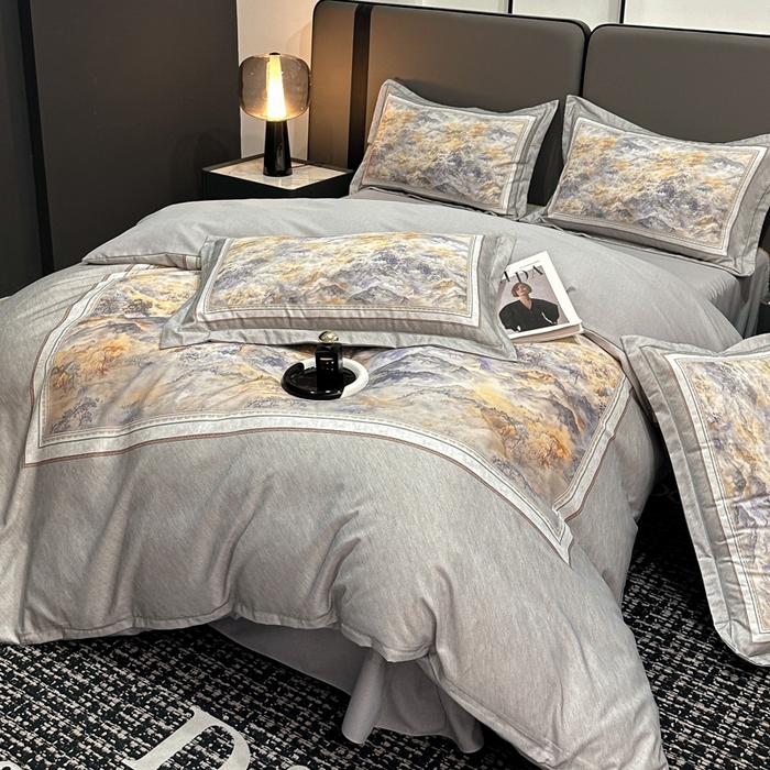 91家纺网 家纺一手货源 找家纺 喜四方 2025新款加厚全棉大版印花四件套 千里江山-灰