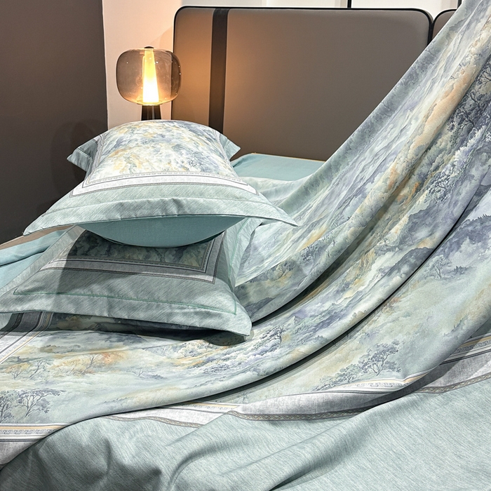 91家纺网 家纺一手货源 找家纺 喜四方 2025新款加厚全棉大版印花四件套 千里江山-蓝