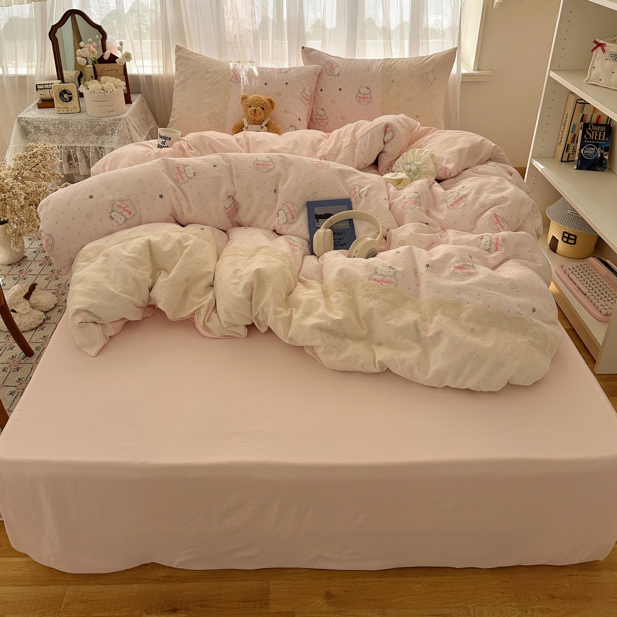 91家纺网 家纺一手货源 找家纺 （总）顾里家纺 2025新款蕾丝花边卡哇伊云感皱皱纱四件套套件