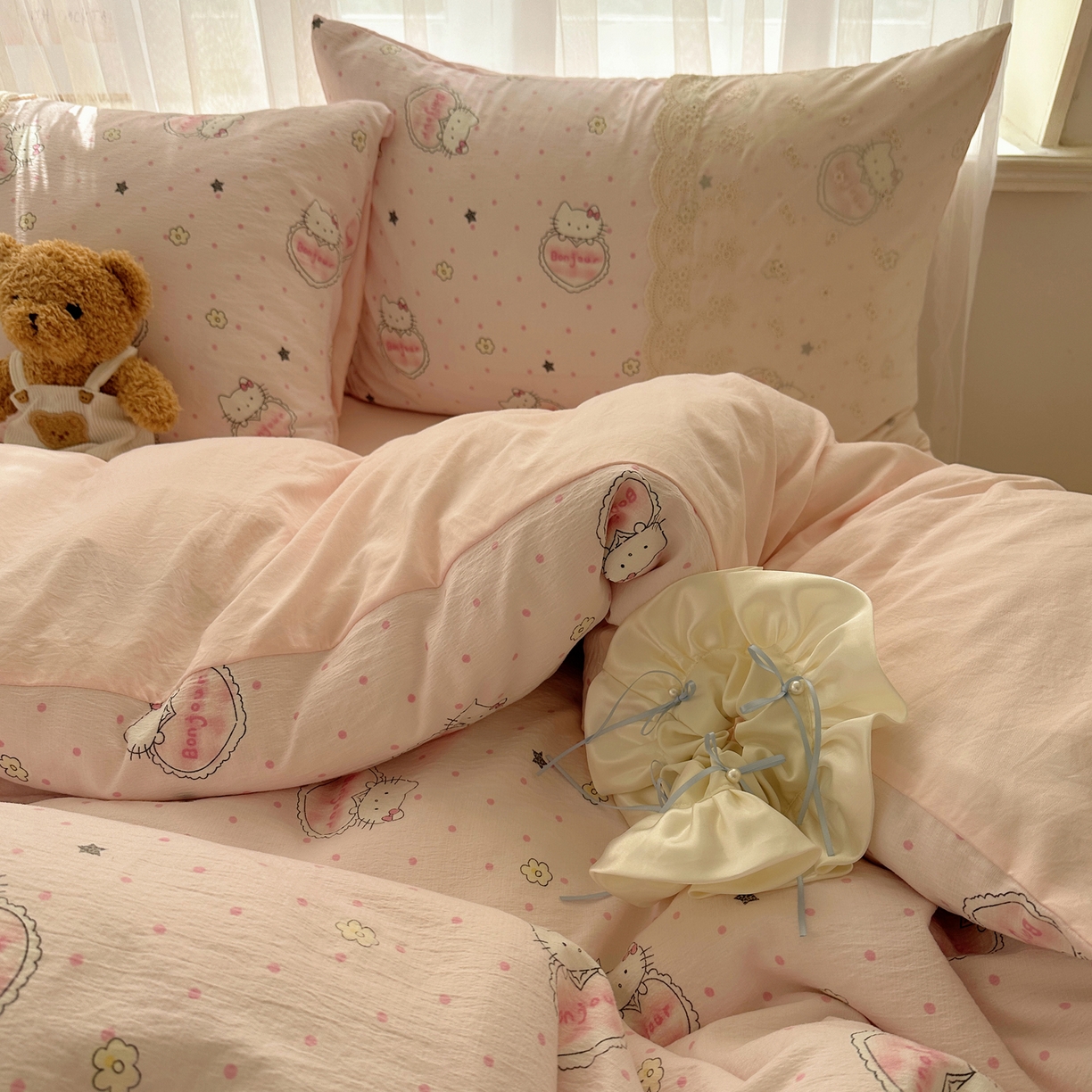 91家纺网 家纺一手货源 找家纺 （总）顾里家纺 2025新款蕾丝花边卡哇伊云感皱皱纱四件套套件