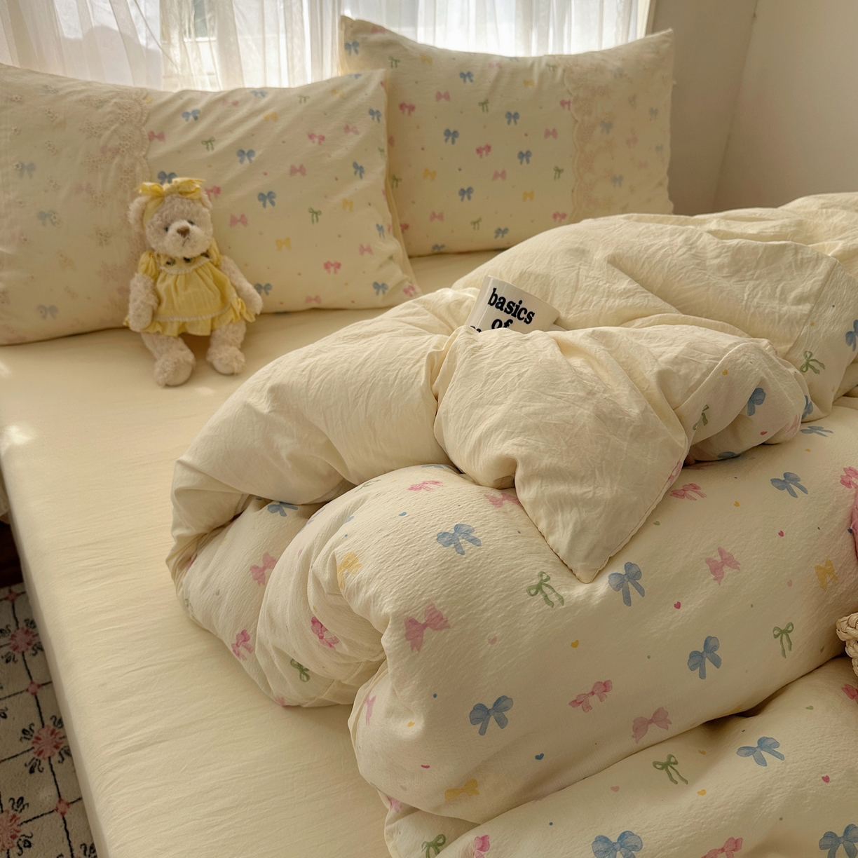 91家纺网 家纺一手货源 找家纺 顾里家纺 2025新款蕾丝花边卡哇伊云感皱皱纱四件套套件 彩蝴蝶结