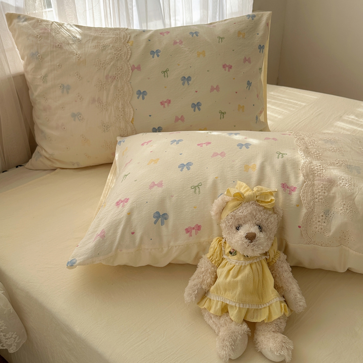 91家纺网 家纺一手货源 找家纺 顾里家纺 2025新款蕾丝花边卡哇伊云感皱皱纱四件套套件 彩蝴蝶结