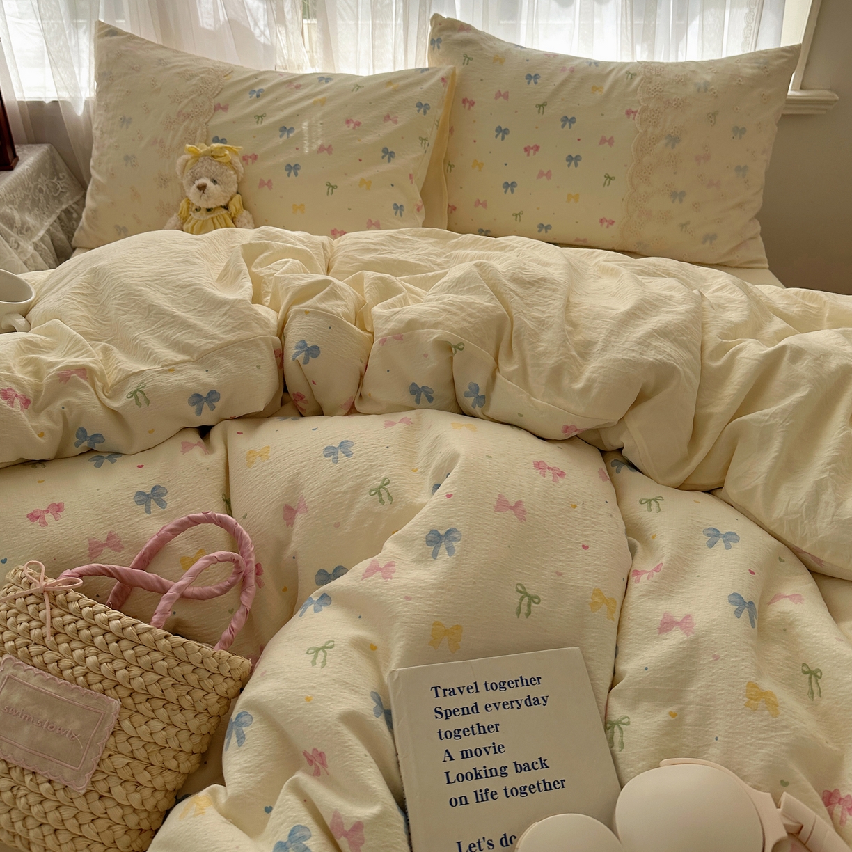 91家纺网 家纺一手货源 找家纺 顾里家纺 2025新款蕾丝花边卡哇伊云感皱皱纱四件套套件 彩蝴蝶结