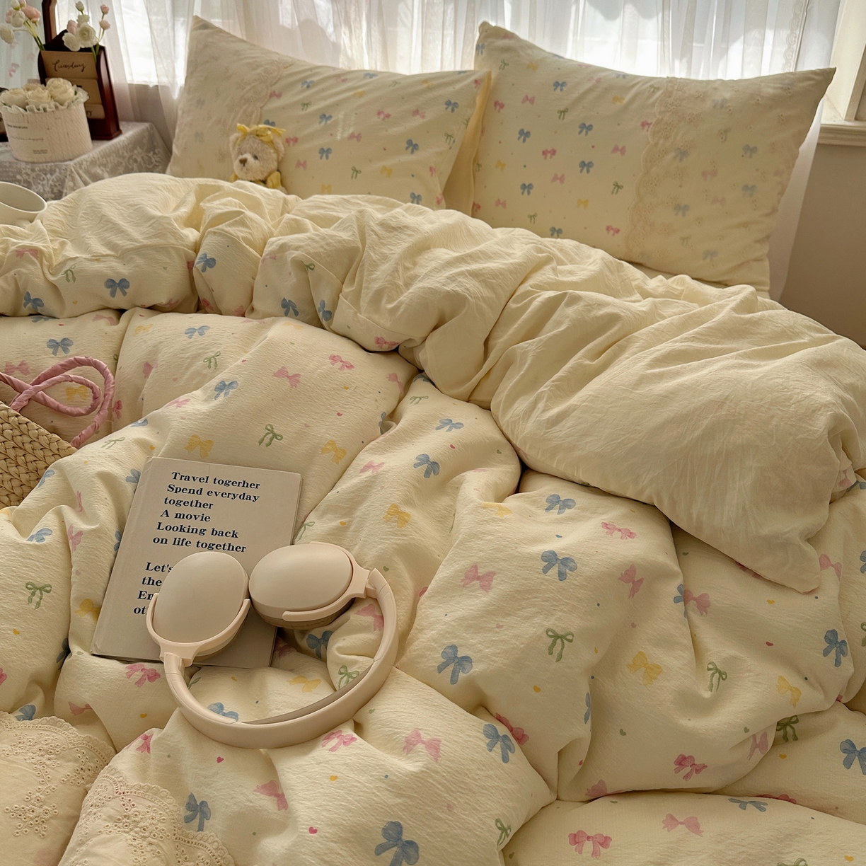 91家纺网 家纺一手货源 找家纺 顾里家纺 2025新款蕾丝花边卡哇伊云感皱皱纱四件套套件 彩蝴蝶结