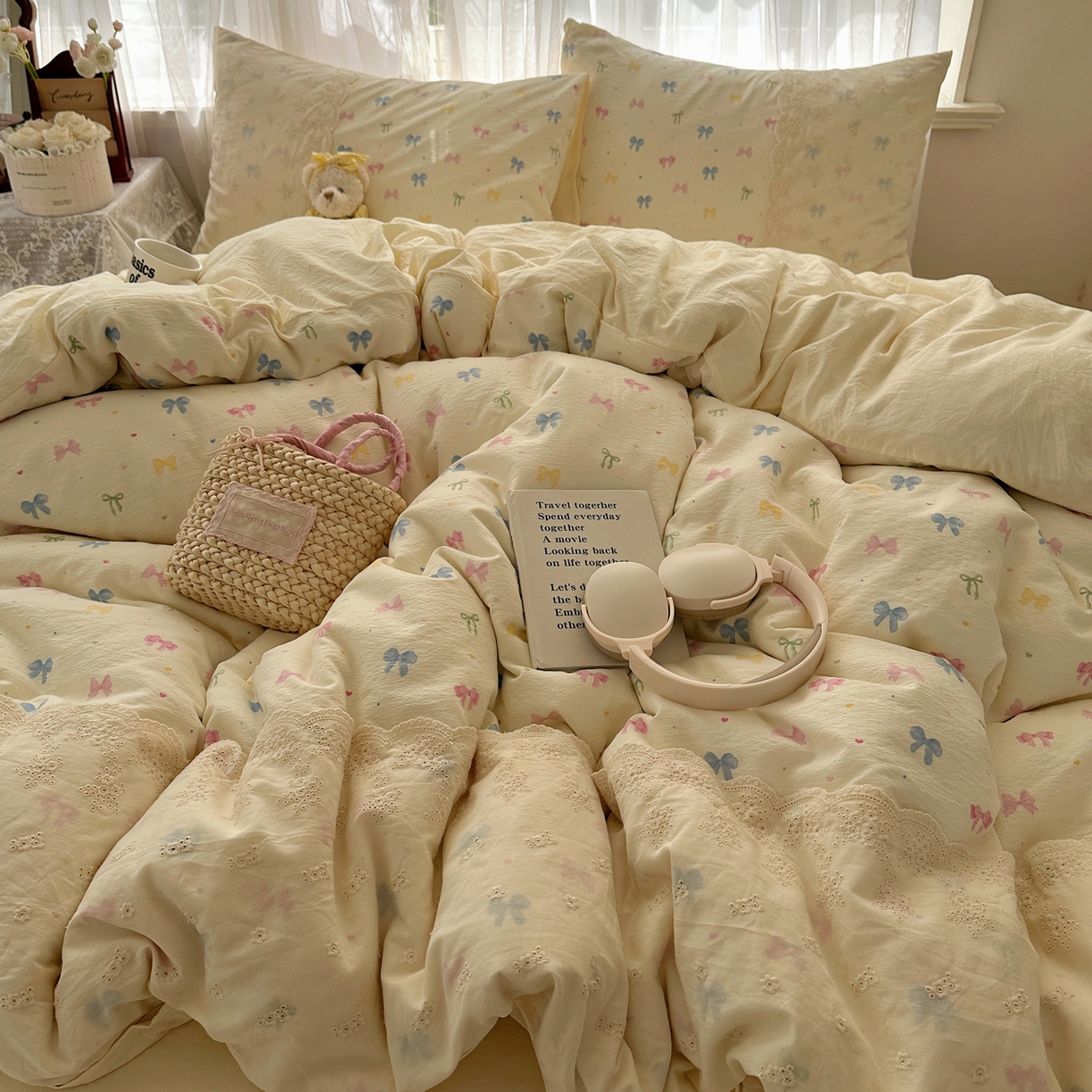 91家纺网 家纺一手货源 找家纺 顾里家纺 2025新款蕾丝花边卡哇伊云感皱皱纱四件套套件 彩蝴蝶结