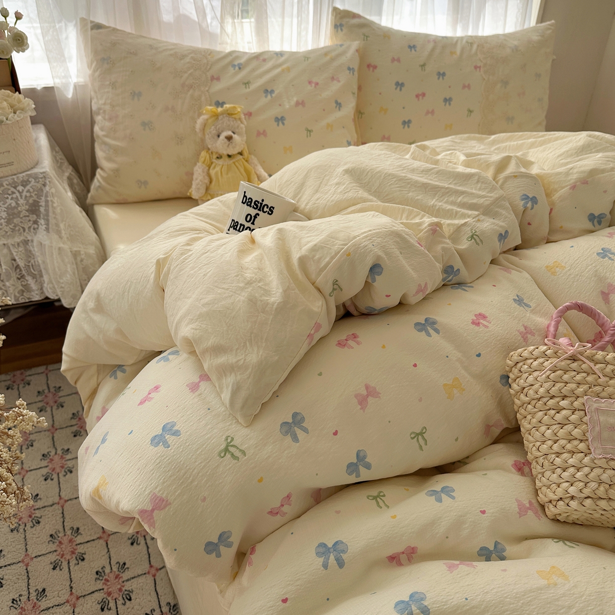 91家纺网 家纺一手货源 找家纺 顾里家纺 2025新款蕾丝花边卡哇伊云感皱皱纱四件套套件 彩蝴蝶结