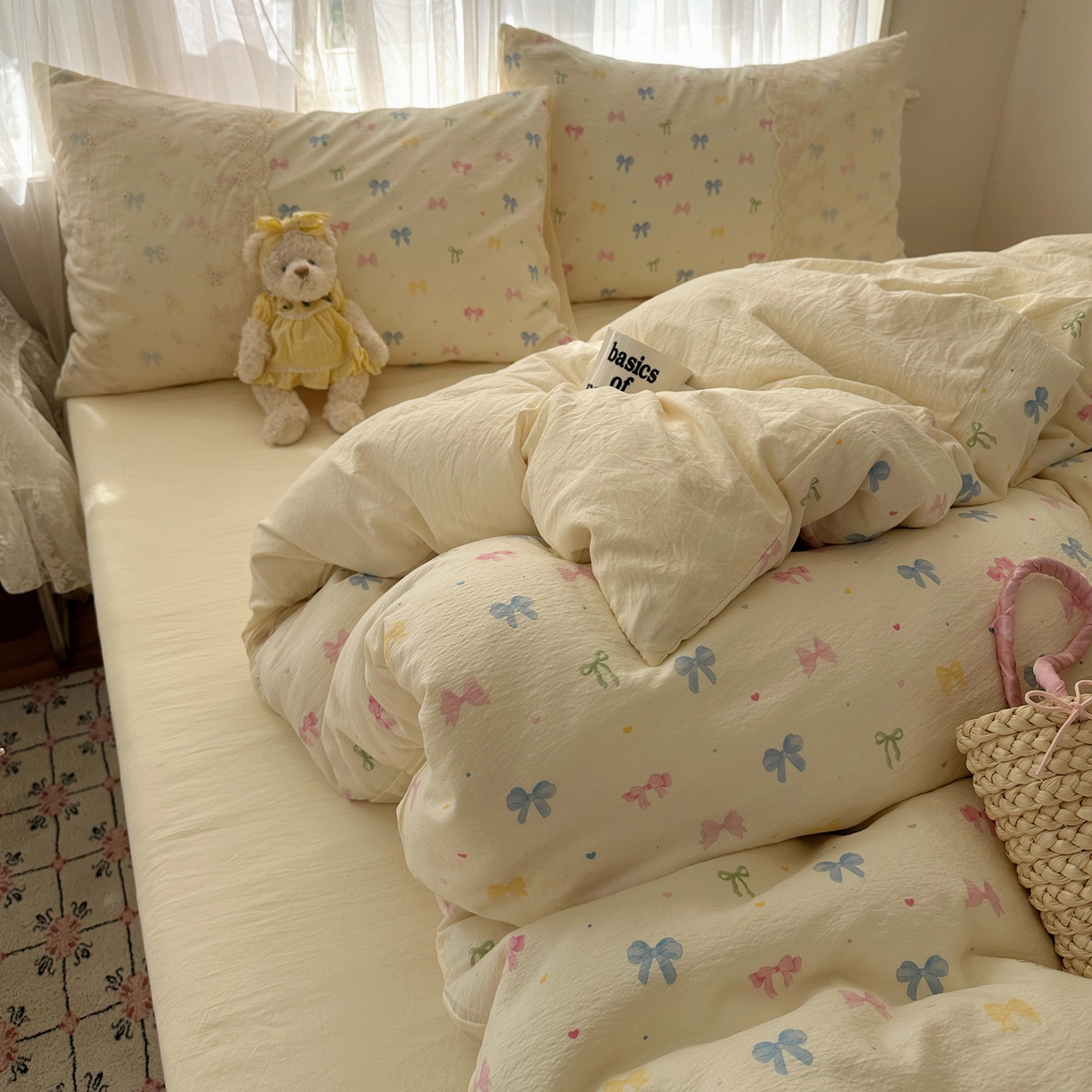 91家纺网 家纺一手货源 找家纺 顾里家纺 2025新款蕾丝花边卡哇伊云感皱皱纱四件套套件 彩蝴蝶结