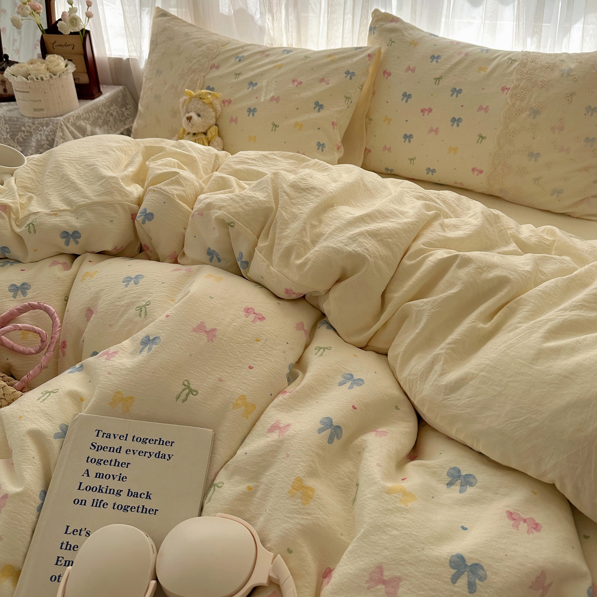 91家纺网 家纺一手货源 找家纺 顾里家纺 2025新款蕾丝花边卡哇伊云感皱皱纱四件套套件 彩蝴蝶结