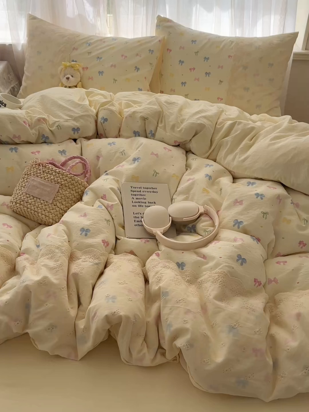 91家纺网 家纺一手货源 找家纺 顾里家纺 2025新款蕾丝花边卡哇伊云感皱皱纱四件套套件 彩蝴蝶结