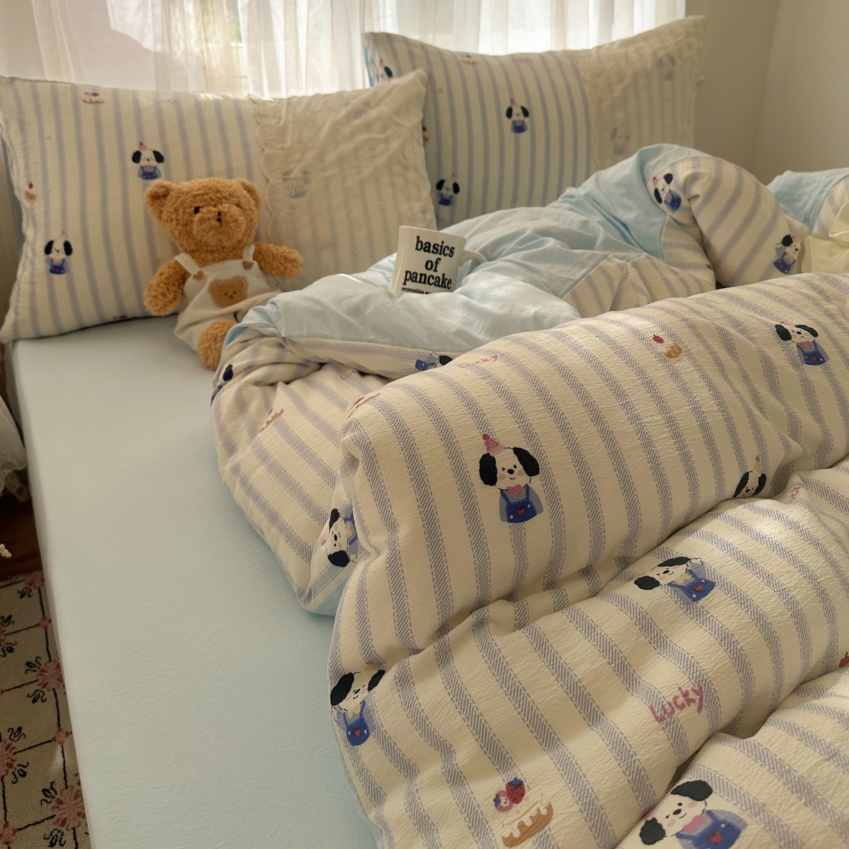 91家纺网 家纺一手货源 找家纺 顾里家纺 2025新款蕾丝花边卡哇伊云感皱皱纱四件套套件 蛋糕狗