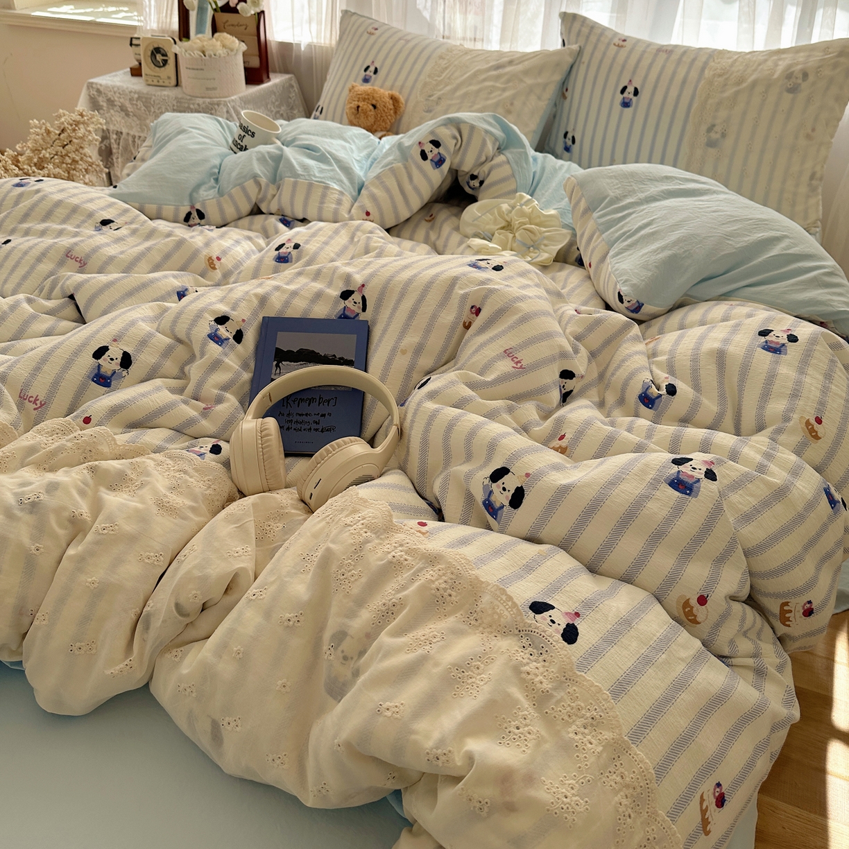 91家纺网 家纺一手货源 找家纺 顾里家纺 2025新款蕾丝花边卡哇伊云感皱皱纱四件套套件 蛋糕狗