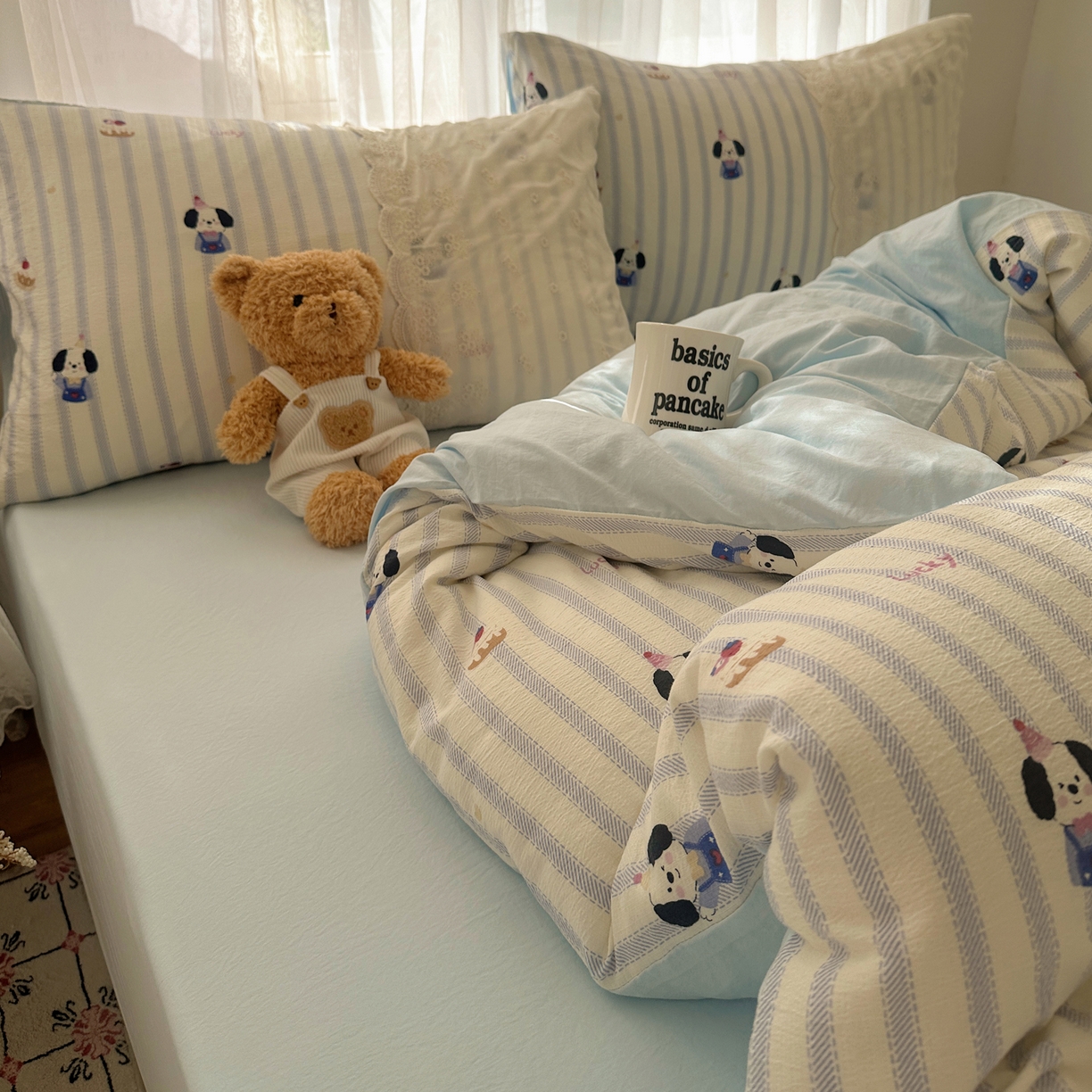 91家纺网 家纺一手货源 找家纺 顾里家纺 2025新款蕾丝花边卡哇伊云感皱皱纱四件套套件 蛋糕狗