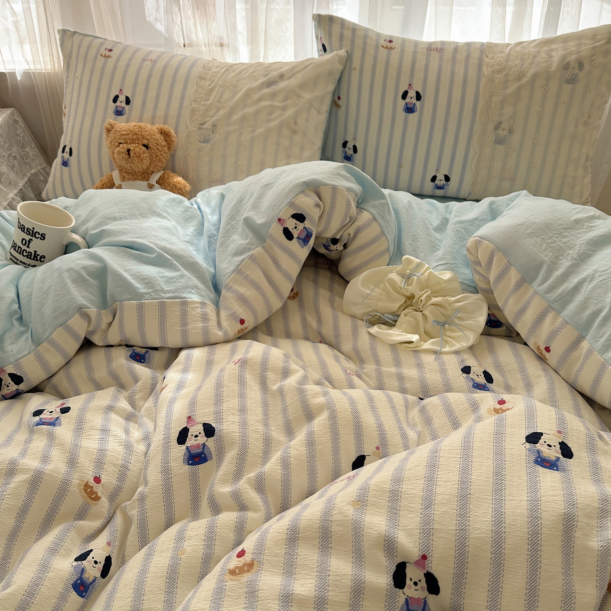 91家纺网 家纺一手货源 找家纺 顾里家纺 2025新款蕾丝花边卡哇伊云感皱皱纱四件套套件 蛋糕狗