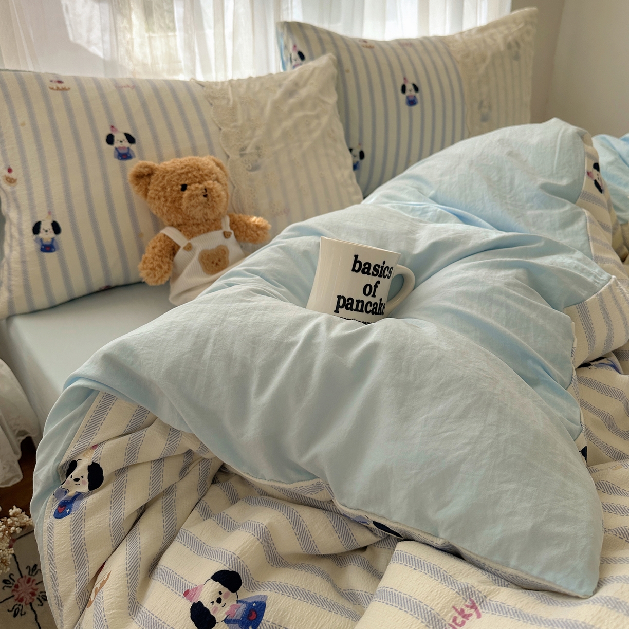 91家纺网 家纺一手货源 找家纺 顾里家纺 2025新款蕾丝花边卡哇伊云感皱皱纱四件套套件 蛋糕狗