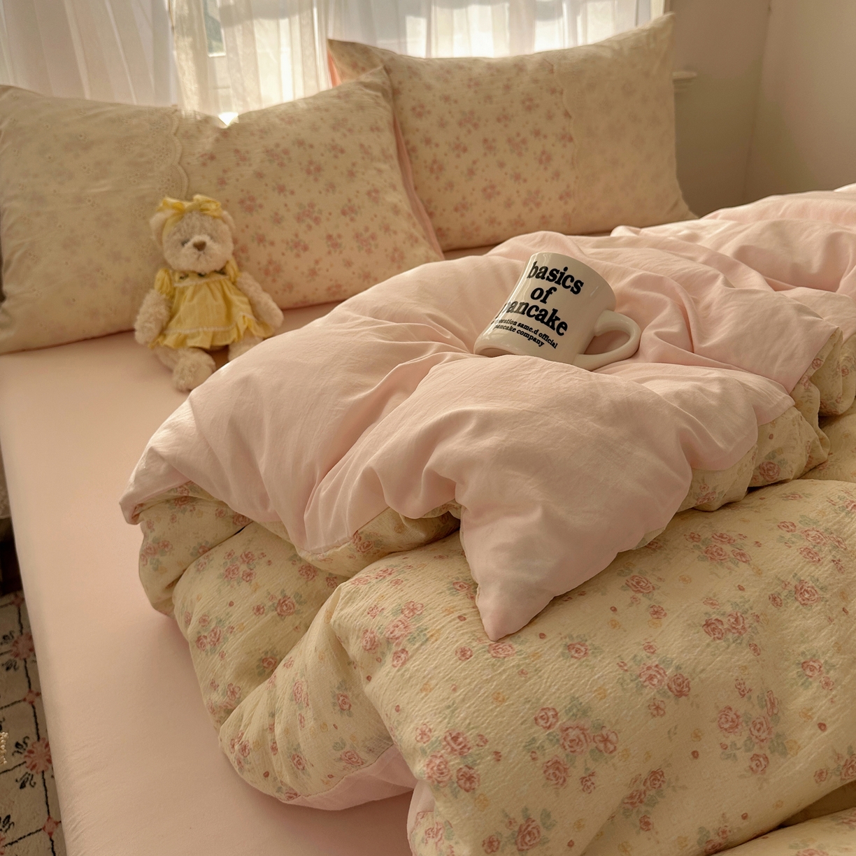 91家纺网 家纺一手货源 找家纺 顾里家纺 2025新款蕾丝花边卡哇伊云感皱皱纱四件套套件 花间集