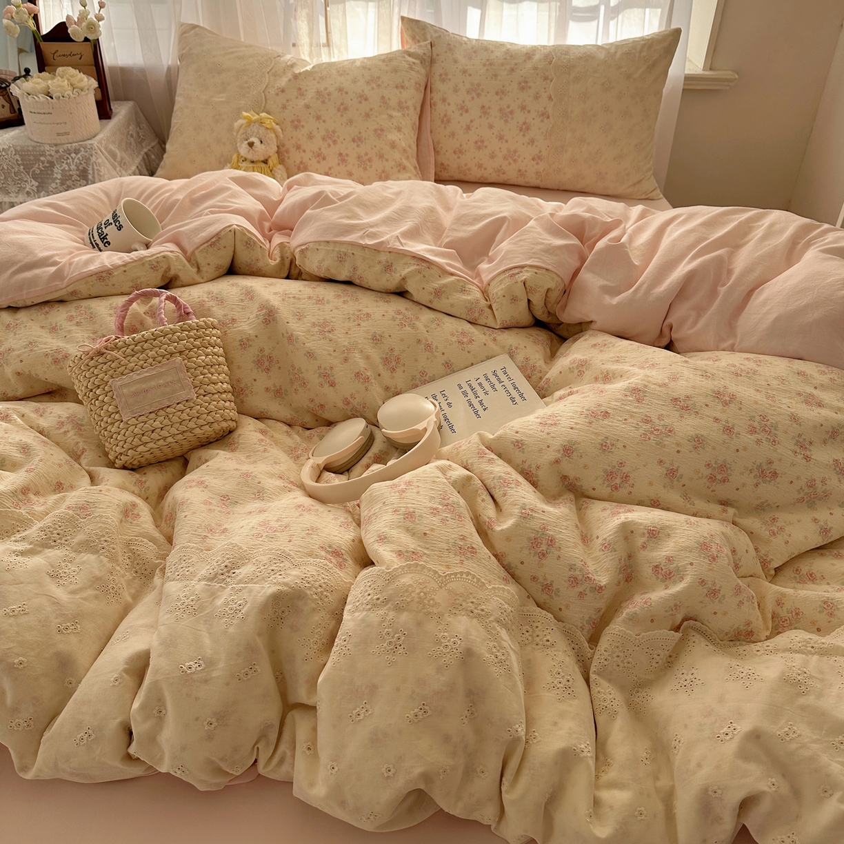 91家纺网 家纺一手货源 找家纺 顾里家纺 2025新款蕾丝花边卡哇伊云感皱皱纱四件套套件 花间集