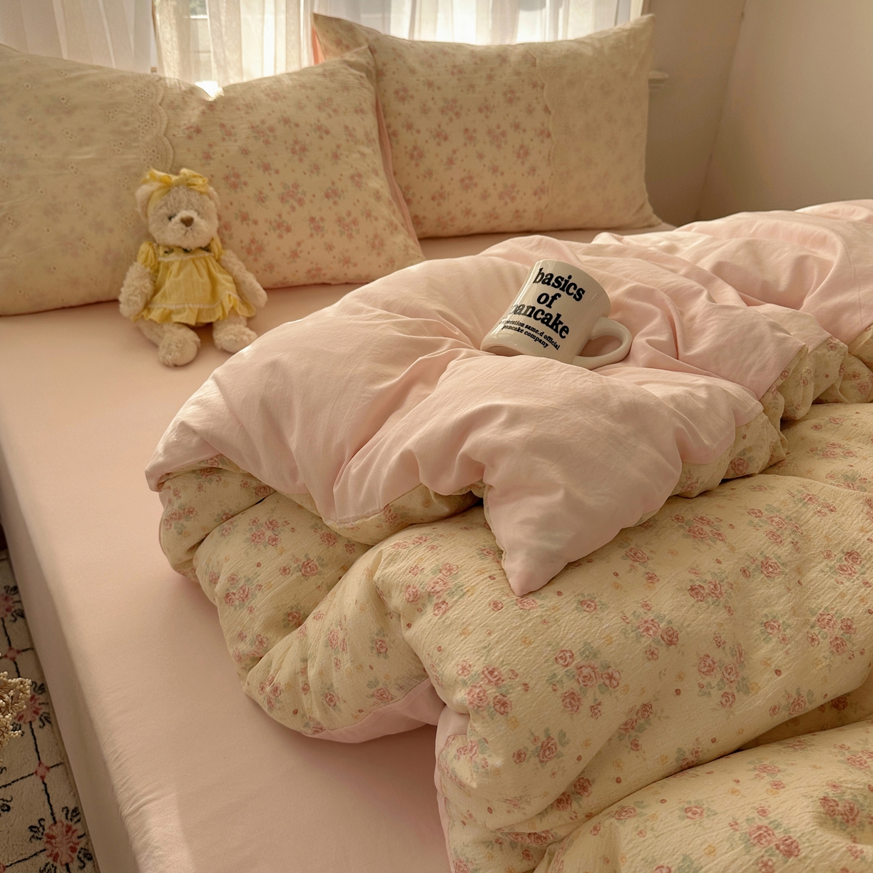 91家纺网 家纺一手货源 找家纺 顾里家纺 2025新款蕾丝花边卡哇伊云感皱皱纱四件套套件 花间集