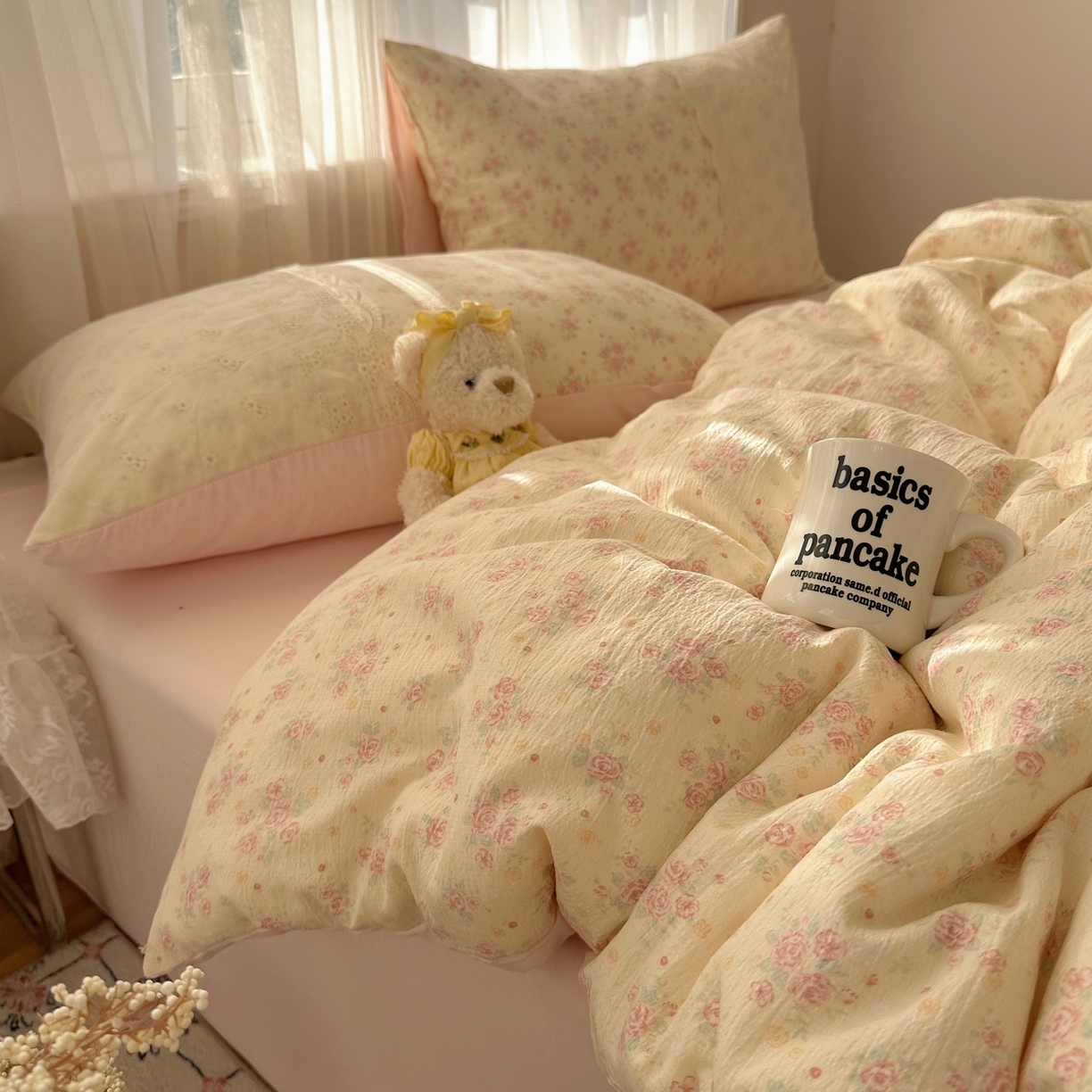 91家纺网 家纺一手货源 找家纺 顾里家纺 2025新款蕾丝花边卡哇伊云感皱皱纱四件套套件 花间集