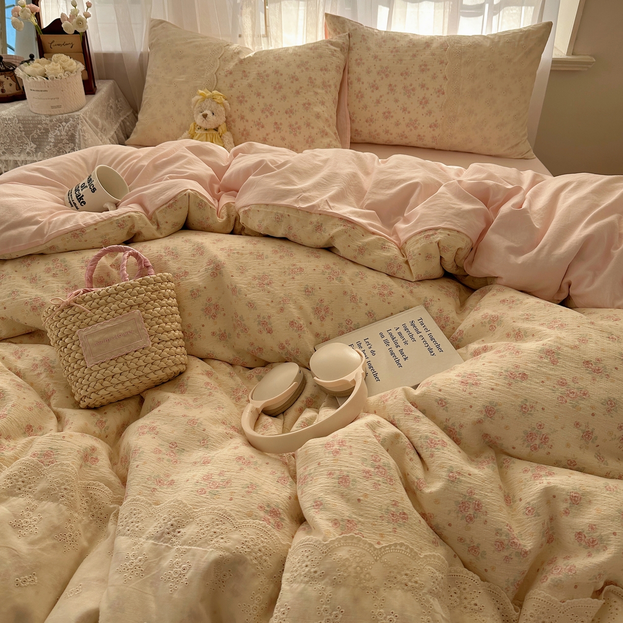 91家纺网 家纺一手货源 找家纺 顾里家纺 2025新款蕾丝花边卡哇伊云感皱皱纱四件套套件 花间集