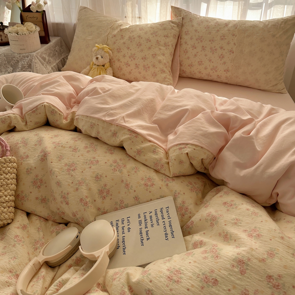 91家纺网 家纺一手货源 找家纺 顾里家纺 2025新款蕾丝花边卡哇伊云感皱皱纱四件套套件 花间集