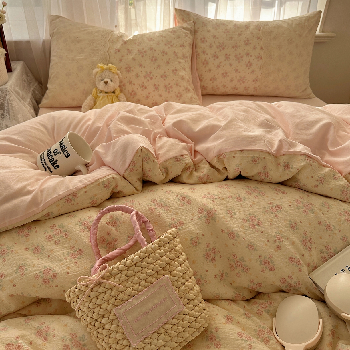 91家纺网 家纺一手货源 找家纺 顾里家纺 2025新款蕾丝花边卡哇伊云感皱皱纱四件套套件 花间集