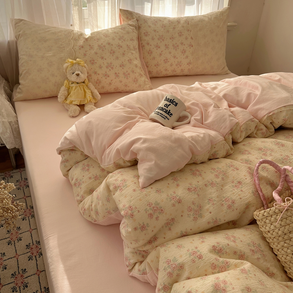 91家纺网 家纺一手货源 找家纺 顾里家纺 2025新款蕾丝花边卡哇伊云感皱皱纱四件套套件 花间集