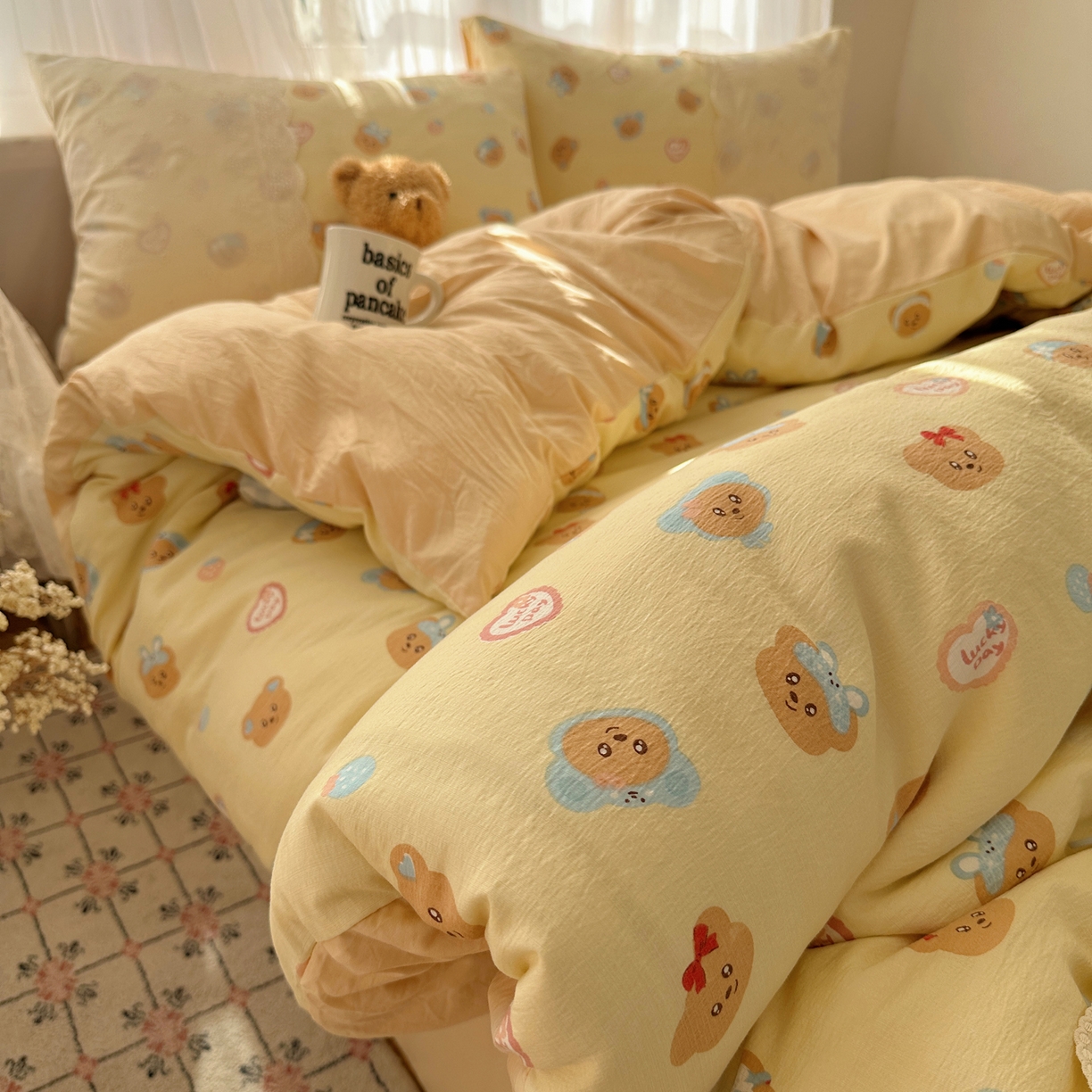 91家纺网 家纺一手货源 找家纺 顾里家纺 2025新款蕾丝花边卡哇伊云感皱皱纱四件套套件 奶萌黄熊