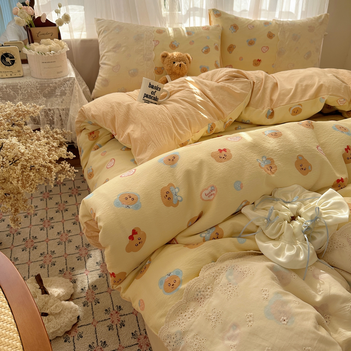 91家纺网 家纺一手货源 找家纺 顾里家纺 2025新款蕾丝花边卡哇伊云感皱皱纱四件套套件 奶萌黄熊